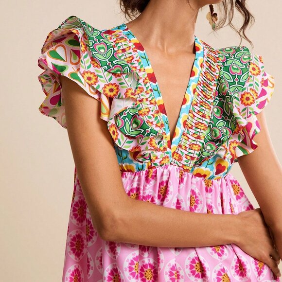 Multicolor Boho Women's Patchwork V-Neck Ruffle Waist A-Line Short Dress - Picture 6 of 8